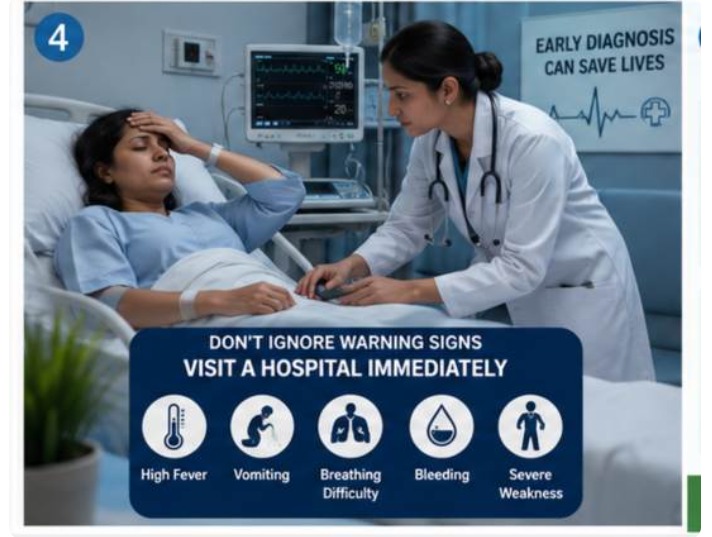 Doctor checking a patient in a hospital while emergency warning signs are displayed.