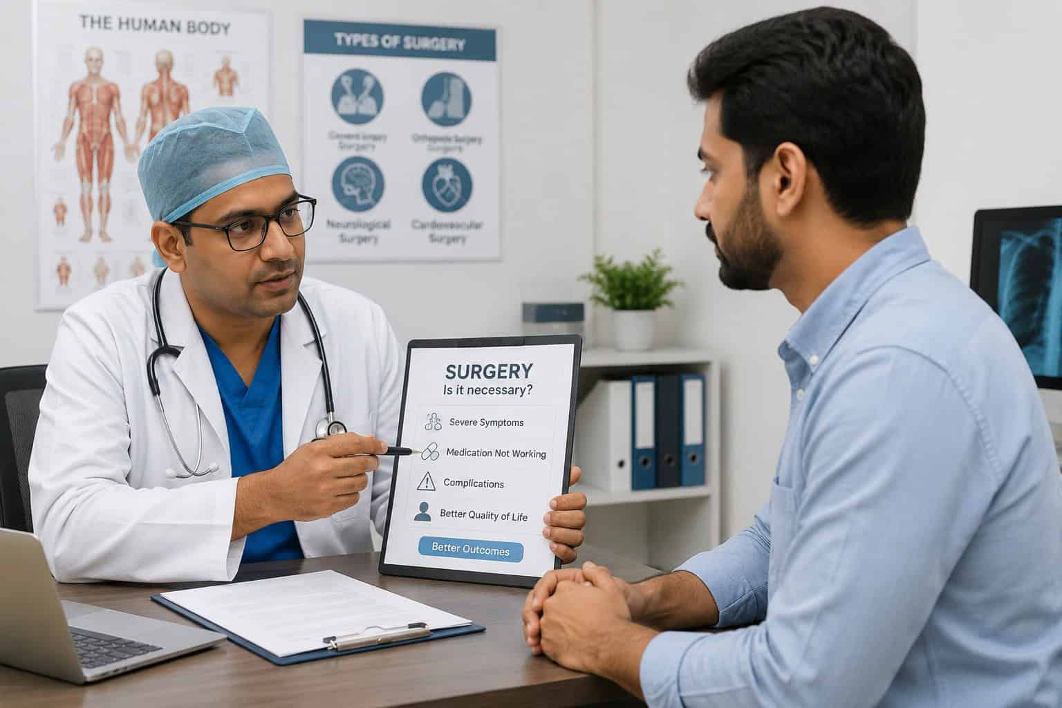 Doctor explaining surgery options to a patient during a consultation