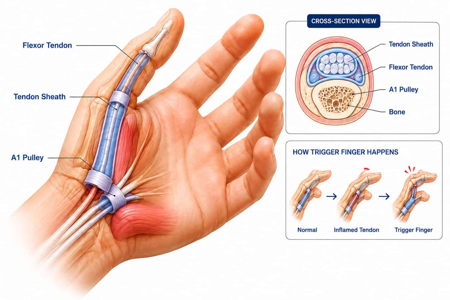 Trigger finger anatomy diagram showing the flexor tendon, tendon sheath, A1 pulley, and cross-sectional finger structure.