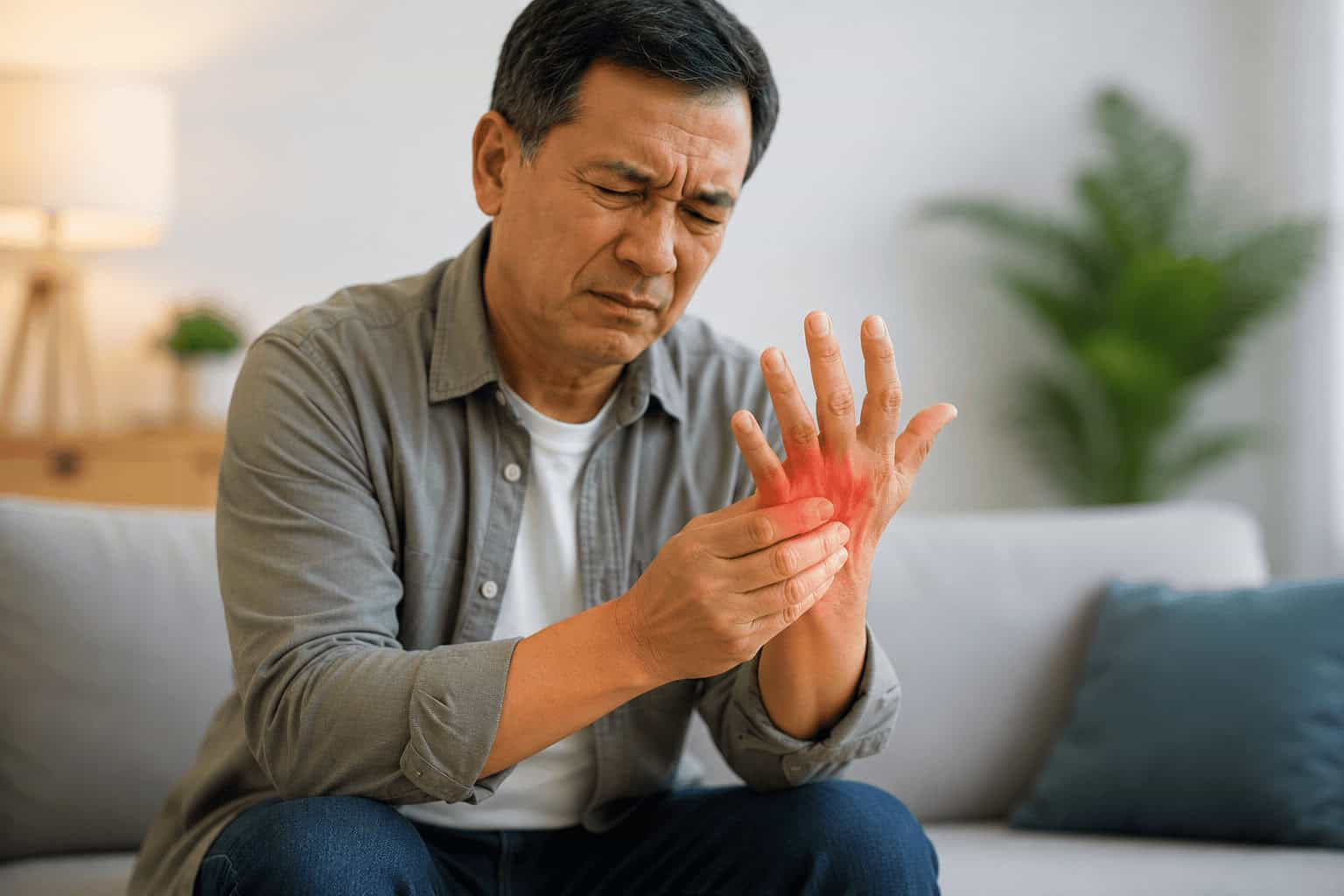 A person holding a painful finger with redness around the palm, illustrating trigger finger pain, stiffness, and early symptoms.